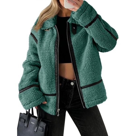 Jackets & Blazers - Women's Faux Fur Jacket Trendy Sherpa Moto Leather Patchwork Zip Up Army Green